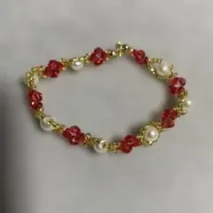 ハンドメイド レッド&ゴールド ビーズブレスレット
