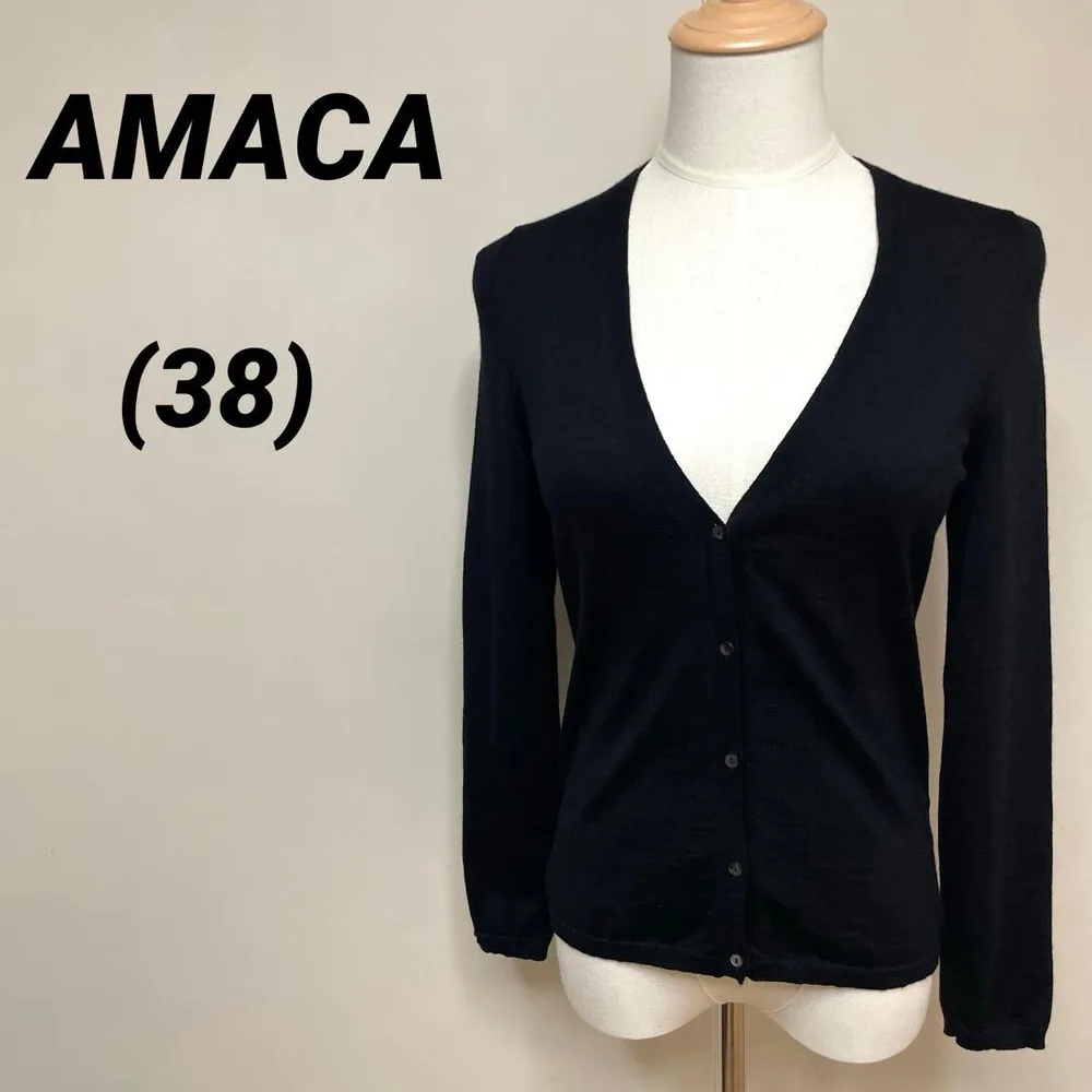 AMACA アマカ ウール100 ブラックカーディガン 黒 38 薄手 三陽商会