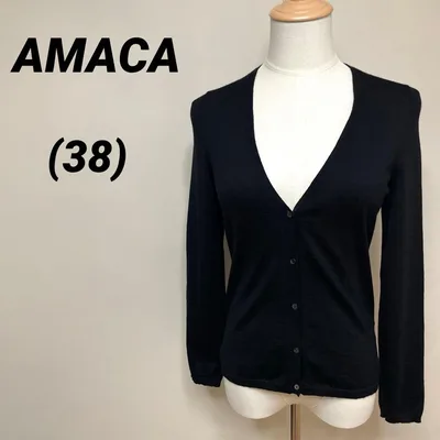 AMACA アマカ ウール100 ブラックカーディガン 黒 38 薄手 三陽商会