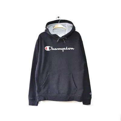 Champion Logo Print Sweatshirt Hoodie Women's M สีดำ เสื้อผ้าเก่า