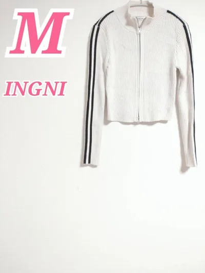 INGNI リブニット ジップアップ アイボリー M 配色ライン デザインニット
