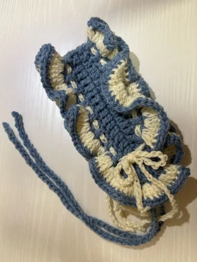 ハンドメイド ニットヘッドドレス ブルー×アイボリー