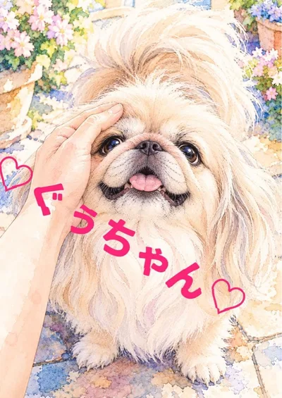 《一点限り》色とりどりのお花に囲まれて優しく頭を撫でられるふわふわのペキニーズ
