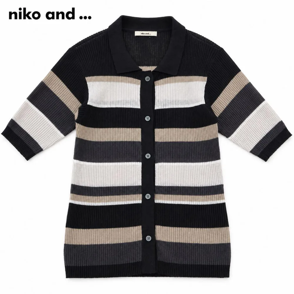 niko and ... ボーダー ポロニット 半袖 ブラック ベージュ