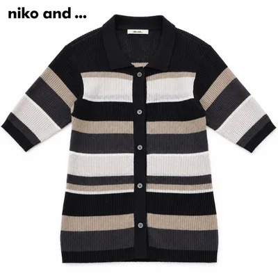niko and ... ボーダー ポロニット 半袖 ブラック ベージュ
