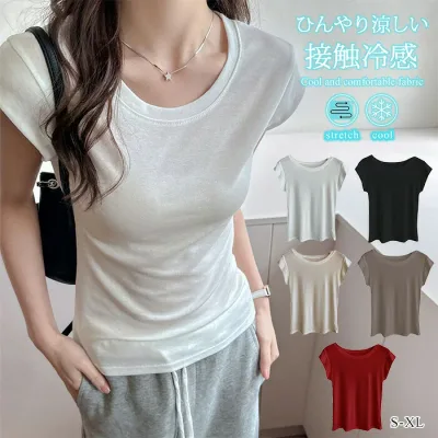 tシャツ トップス レディース フレンチスリープ 冷感 春夏 黒 白 カットソー 半袖 uネック 無地 タンクトップ インナー 肌触りいい シンプル 体型カバー 低身長 高身長 きれいめ カジュアル ホワイト ブラック ベージュ 大人