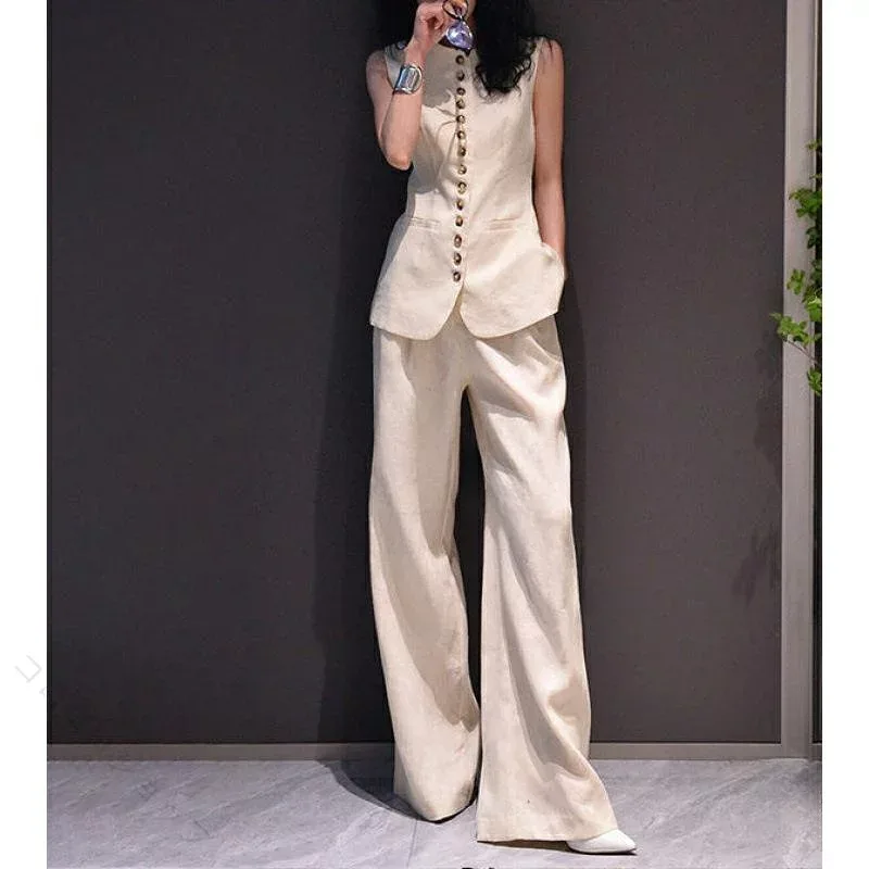 リネン ベスト ジレ セットアップ テーラード ワイドパンツ レディース 2点セット ベージュ きれいめ 通勤 オフィス 上品 エレガント おしゃれ デザイン 高見え 体型カバー 涼しい 着回