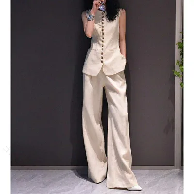 リネン ベスト ジレ セットアップ テーラード ワイドパンツ レディース 2点セット ベージュ きれいめ 通勤 オフィス 上品 エレガント おしゃれ デザイン 高見え 体型カバー 涼しい 着回