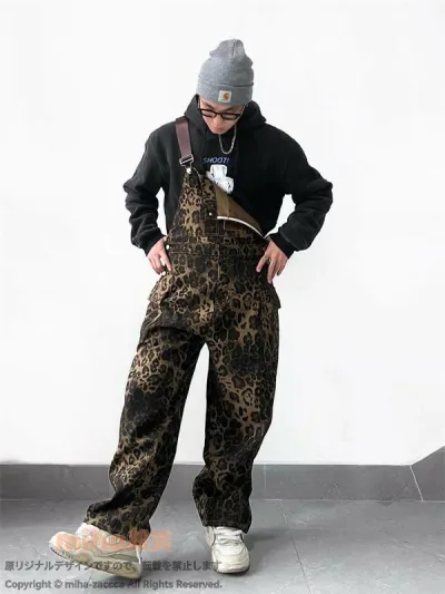 オーバーオール メンズ つなぎ アメリカン レトロ ストリート 多ポケット ヒョウ柄 サロペット 作業服 カジュアル ゆったり ストレート デニム生地 大きいサイズ おしゃれ 普段着