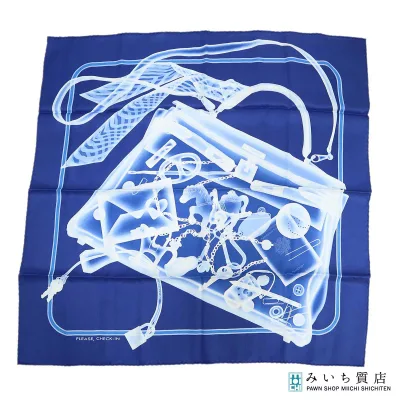 質屋 HERMES エルメス カレ70 PLASE,CHECK-IN プリーズ チェックイン スカーフ シルク100 ブルー H22785 みいち質店