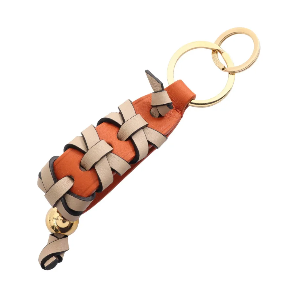 【10%OFFクーポン 10/14 20時〜10/19 9:59】ロエベ LOEWE クロス ブレイデッド ストラップ キーリング キーホルダー アクセサリー レザー レディース オレンジ系 / ベージュ系 【中古】