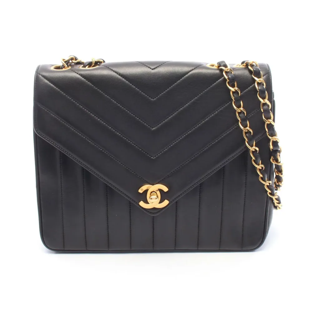 【8%OFFクーポン×P5倍 10/10 0時〜10/13 9:59】シャネル CHANEL シェブロン Vステッチ マドモアゼル ショルダーバッグ バッグ ラムスキン(羊革) レディース ブラック系 【中古】