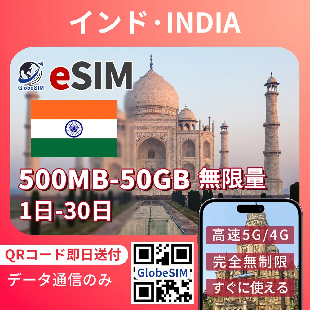 インド eSIM 無制限 4G 実名登録不要 高速データ通信 9:30~18:30サポート 海外 短期 即日開通 ネット規制対象外 QRコード設定 即日発行対応 eSIM メール納品 使い放題 通信専用 選べるプラン |1日間|3日間|5日間|7日間|15日間|20日間|30日間 GlobeSIM 正規品 LINE対応