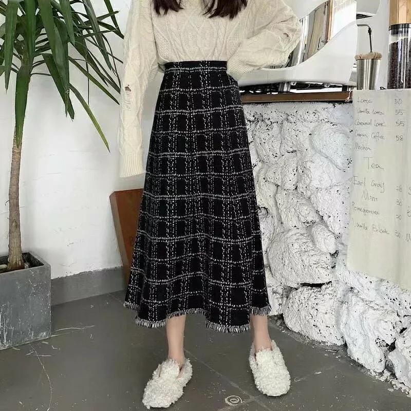 レディース ニットスカート ロング 秋冬 チェック柄 通勤 厚手 ボトムス 可愛い S M L XL 2XL SLKA039