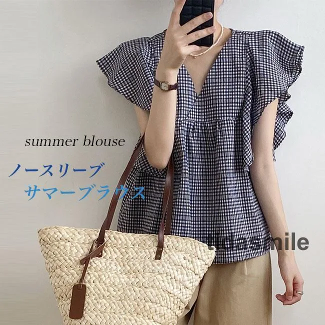 ブラウス ノースリーブ 夏 レディース Vネック フリルブラウス Aライン サマーブラウス チェック柄 綿混 ノースリーブブラウス 体型カバー