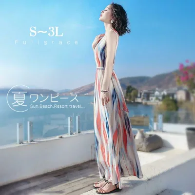 リゾートワンピース リゾートワンピ ハワイ リゾート ワンピース ハワイアン ノースリーブ ロング 夏ワンピース ボヘミアン風 マキシ丈 ベルト付き 沖縄 低身長 大人可愛い 裏地付き