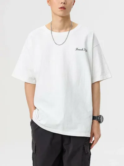 Tシャツ メンズ ドロップショルダー オーバーサイズ 綿100% 通気性 プリント 半袖 カジュアル トレンド 普段使い 春夏 ゆったり 快適 着回し 黒 白 ベージュ