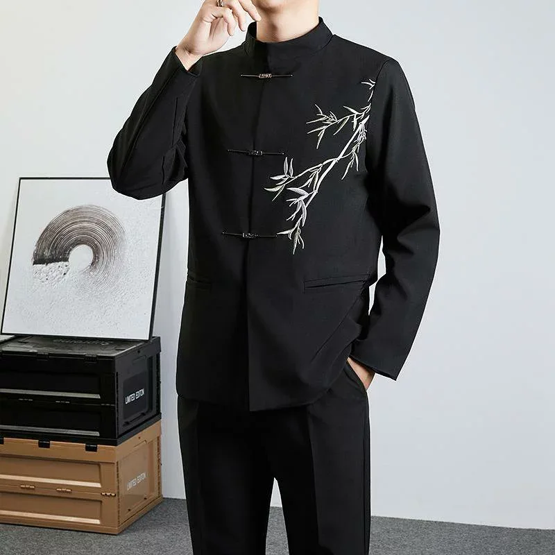 メンズ 中山服 コーデュロイ ジャケット パンツ Tシャツ セットアップ 男性用 中国風 唐装 スーツ 立襟 スタイリッシュ ウェディング パーティー フォーマル ブラック 黒 イエロー 黄色 S M L XL 2XL 3XL 4XL 秋冬