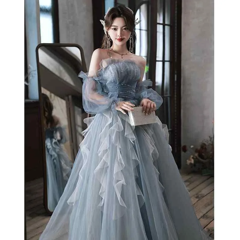 One Piece Women's Concert Recital Evening Dress Blue Dress Long High Waist Polyester Princess Line Party Dress