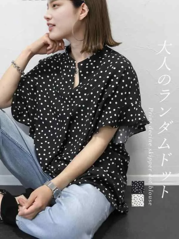 春夏 レディース Vネック トップス シャツ 短袖 ゆったり ドット柄 雪纺 ポリエステル 飛ぶ袖 日系 カジュアル 普段使い 軽量 通気性 ホワイト ブラック