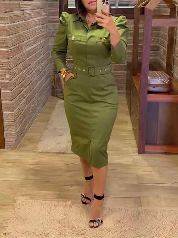 ワンピース 女性用 ポロカラー 長袖 ミドル丈 包臀 ハイウエスト 修身 軍緑 ブラック カーキ ポリエステル 涤纶 95% 以上 日韓スタイル 快適 休闲 夏 接触冷感 吸湿速乾 軽量 通勤 普段使い 切り替え ボタン アクセント