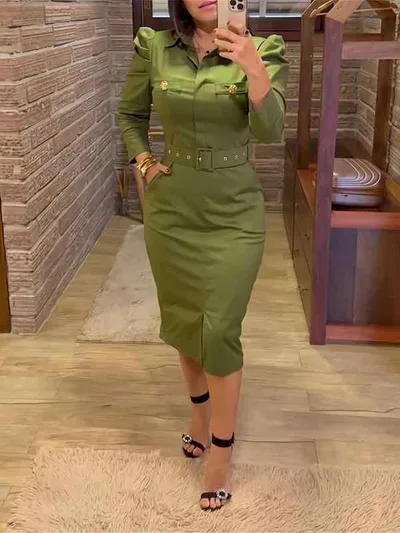 ワンピース 女性用 ポロカラー 長袖 ミドル丈 包臀 ハイウエスト 修身 軍緑 ブラック カーキ ポリエステル 涤纶 95% 以上 日韓スタイル 快適 休闲 夏 接触冷感 吸湿速乾 軽量 通勤 普段使い 切り替え ボタン アクセント