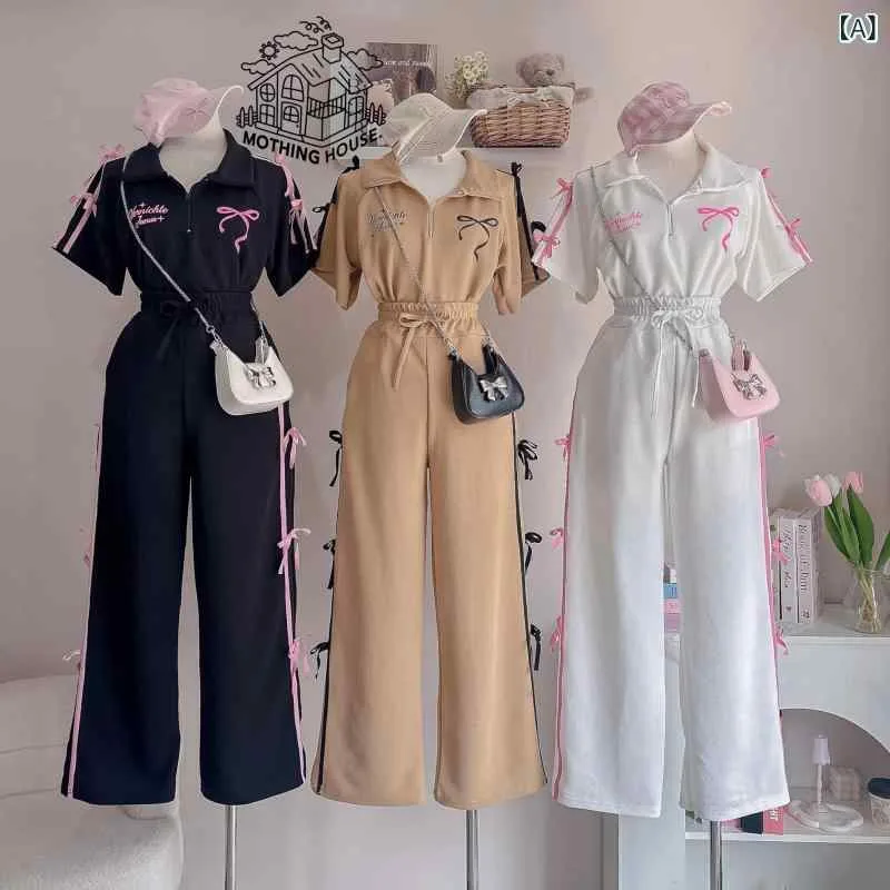 レディース 夏 セットアップ かわいい 蝶結び プリント ポロシャツ 半袖 ワイドパンツ 2点セット 接触冷感 ポリエステル 混紡 ブラック ベージュ ホワイト 爽やか 少女風 快適 ゆったり シルエット 日常使い