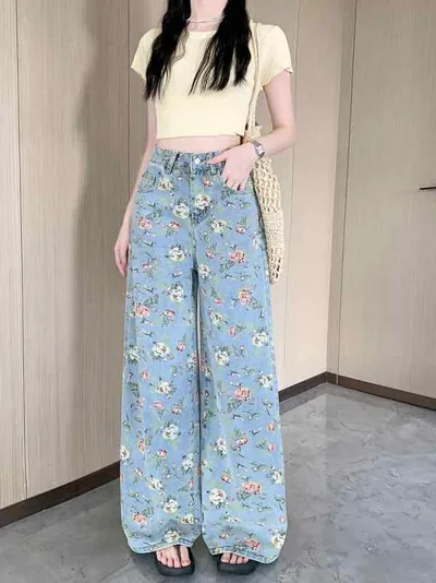 デニムパンツ レディース ワイドレッグ ハイウエスト フルレングス フルプリントフラワー ブルー コットン 中厚手 無弾性 日韓カジュアル スタイル 夏 遮尻 スリム ゆったり 垂れ感 直筒 日常使い 軽量 通勤