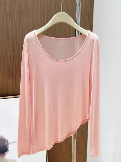 Tシャツ 女性用 夏用 長袖 Uネック ゆったりシルエット 接触冷感 ポリエステル 透け感 防晒 薄手 かわいい イエロー ピンク グリーン ブラック ライトグリーン ライトイエロー ライトピンク ライトブルー