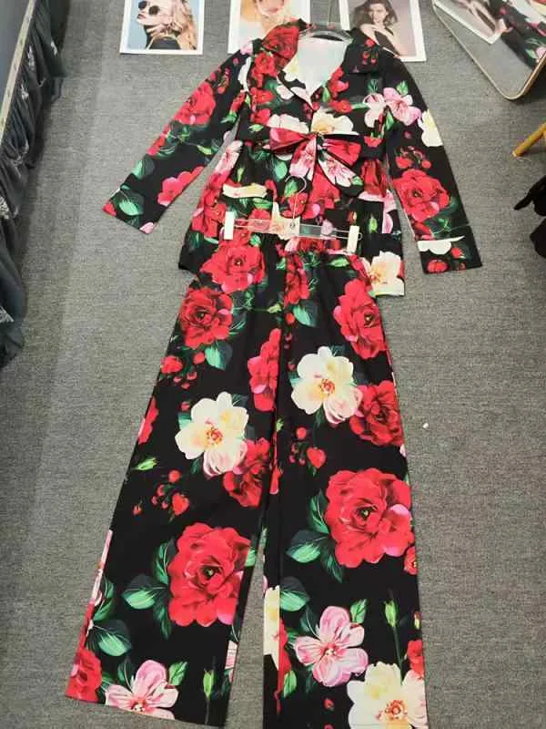 レディース トップス ワンピース 風 シャツ セット ワイドパンツ セット 花柄 プリント 長袖 長ズボン コットン ポリエステル 混紡 赤 快適 ゆったり ストリート カジュアル 風 秋
