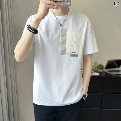 Tシャツ メンズ 短袖 夏季 接触冷感 吸湿排汗 ポリエステル 綿混紡 無地 プリント 幾何柄 丸首 セットイン袖 ルーズフィット 薄手 軽量 通気性 スタンダード ポケット 付き 日常使い カジュアル 韓国 感 ポケット 半袖 白 黒 緑