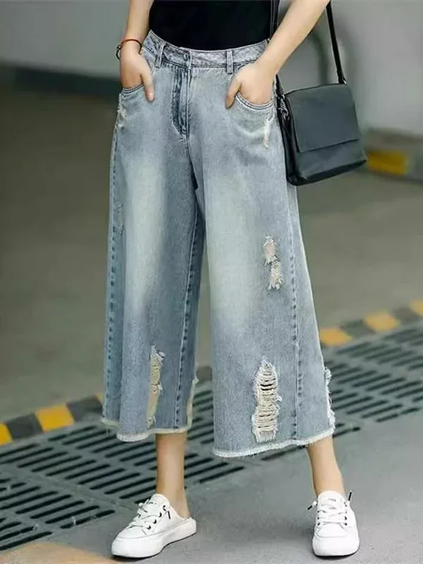 レディース デニムパンツ 七分丈 直筒 牛仔 コットン 高腰 ワイドレッグ 破洞 ゆったり スリム ヴィンテージ風 春 通勤 快適 休闲 スタイル 免烫処理
