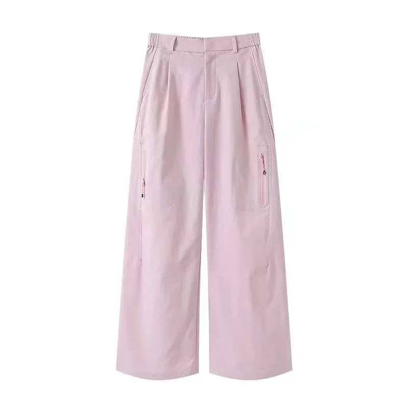 レディース ワイドパンツ 工装パンツ 長ズボン 直筒型 高腰 切り替え ミッドウェイト 微弾性 春季 日韓スタイル ピンク 白 ピンク系 白 軽量 伸縮性 普段使い 通勤 デイリー ゆったり シルエット 綿混 ポリエステル混 カジュアル 女性用 ポケッ