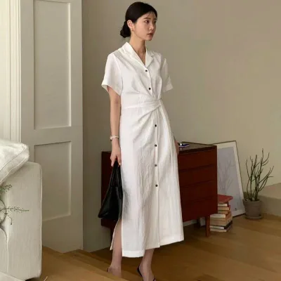 ワンピース レディース 夏 コットン 素材 シャツ Aライン スカート 西装 襟 サイド タイ ベルト スリム フィット シングル ボタン ロング 丈 短 袖 高 腰 通勤 スタイル 優雅 白 浅緑 黒 色 切り替え 基本 スタイル