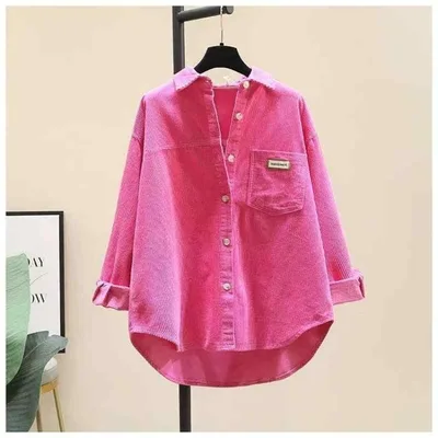 秋冬シャツ レディース 長袖 開衫 灯芯绒 厚手 ポリエステル ワイドシルエット ポロカラー プレスプリーツ加工 ゆったり 色 ピンク系 ブルー ブラウン ベージュ 赤 快適 普段使い 韓国 カジュアル トップス シャツ ブラウス ルームウェア 軽量