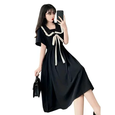 ワンピース レディース 半袖 セーラーカラー 襟付き ロング丈 Aライン リボン フリル レトロ ガーリー ゆったり 体型カバー 着痩