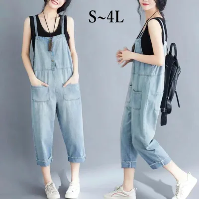 デニムサロペット サロペット オールインワン デニムパンツ サルエルパンツ ポケット ボトムス 9分丈 ロング デニム ノ