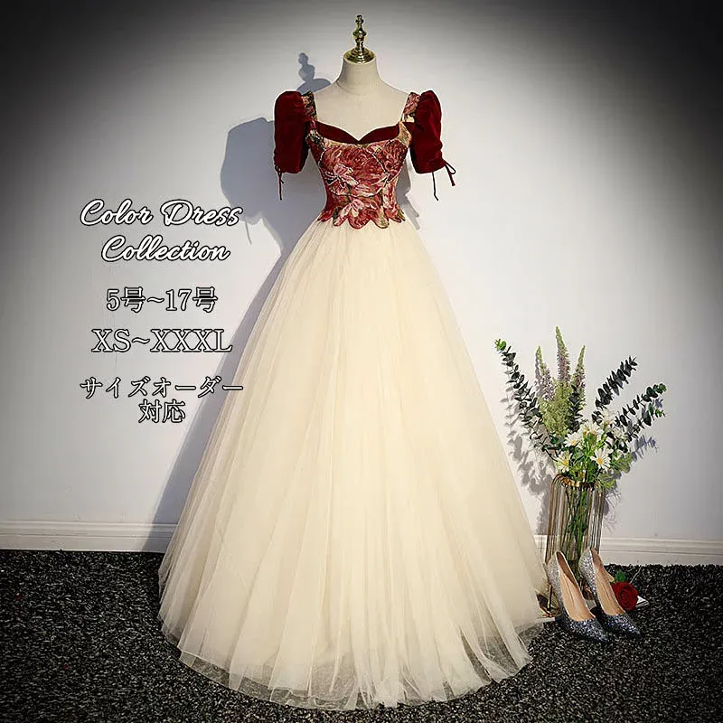 カラードレス 編み上げ シャンパン 半袖 花柄 ステージドレス ロングドレス 結婚式 二次会 発表会 演奏会 ウェディングドレス ウエディングドレス Aラインドレス イブニングドレス コンサート コンクール パーティードレス ブライダル 花嫁 披露宴 プリンセスラインドレス