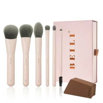 BEILI メイクブラシ6本セット、旅行用ミニメイクブラシ、パウダー、ハイライト、アイシャドウ、コントゥア、眉、まつ毛用ポータブル小型化粧ブラシキット、合成毛 (ピンク)