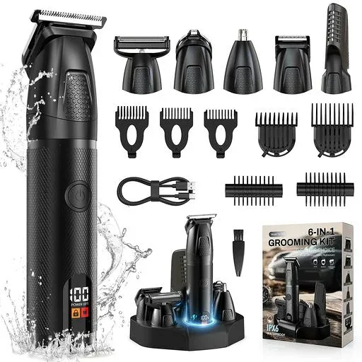 一台6役 全身毛処理セット 電動シェーバー ヘアカッター ヒゲトリマー 鼻毛カッター フェイス/ボディシェーバー(デリケートゾーン用) | 全身適用 IPX6防水 乾湿両用 急速充電 残量表示 男…