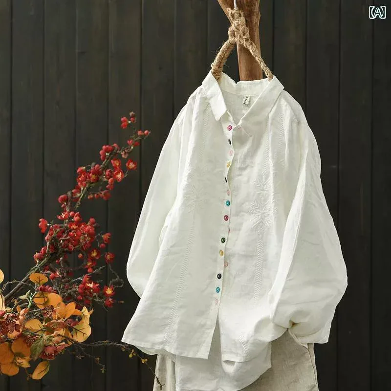 レディース シャツ トップス レトロ 刺繍 リネンシャツ レディース 秋 カジュアル 大きいサイズ 体型カバー スリミング 長袖 トップス スタイル コットンリネン シャツ