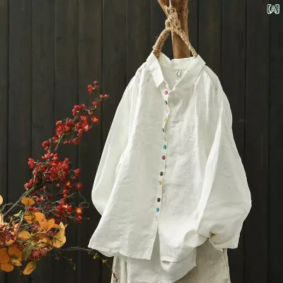 レディース シャツ トップス レトロ 刺繍 リネンシャツ レディース 秋 カジュアル 大きいサイズ 体型カバー スリミング 長袖 トップス スタイル コットンリネン シャツ