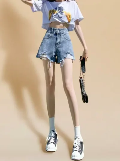 レディース デニム ショートパンツ ハイウエスト ワイドレッグ Aライン ストレート ストレッチ レトロ フリンジ アメリカンスタイル 夏用 カジュアル 普段使い