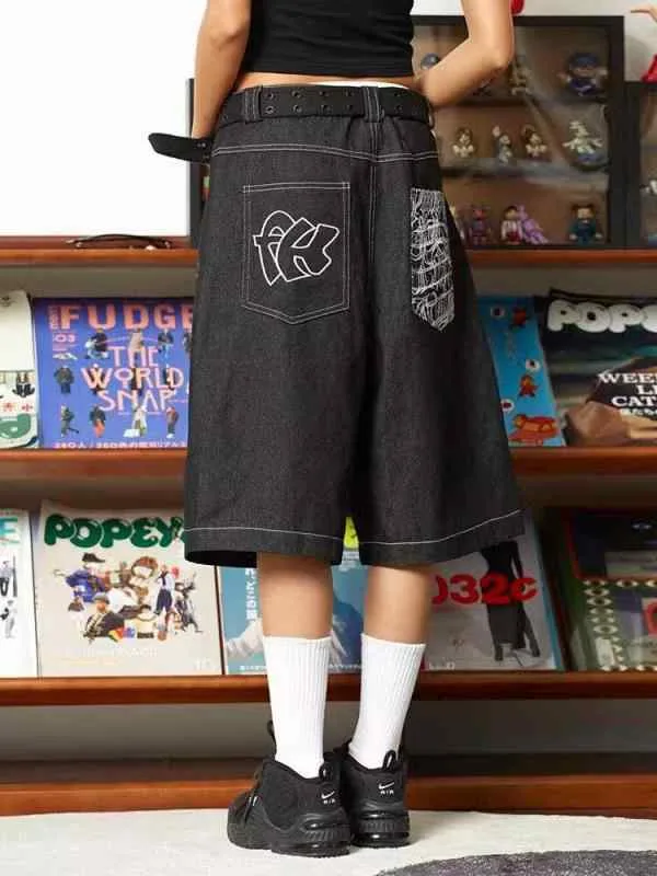 デニム ショートパンツ 女性用 夏用 刺繍 ワイドレッグ レトロ ヒップホップ スケボー カジュアル スポーツ 膝上丈 デニム素材 伸縮性 ストリートファッション