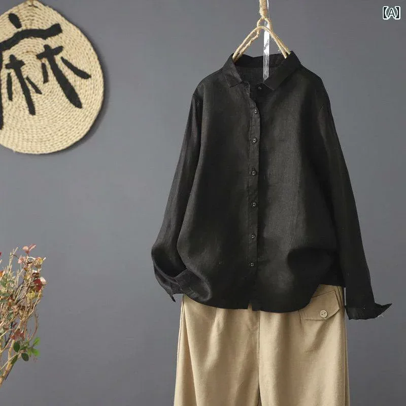 レディース シャツ トップス 最後の 単一 婦人服 レトロ 綿 リネン 長袖 シャツ 春 カジュアル シンプル ボトム リネンシャツ