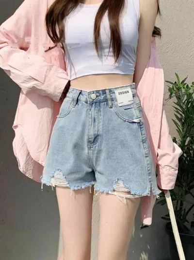 デニムショーツ 女性用 夏用 薄手 大きめサイズ ハイウエスト Aライン ホットパンツ 淡色 スリム効果 小柄対応 軽量 伸縮性 カジュアル デニム素材 吸湿速乾