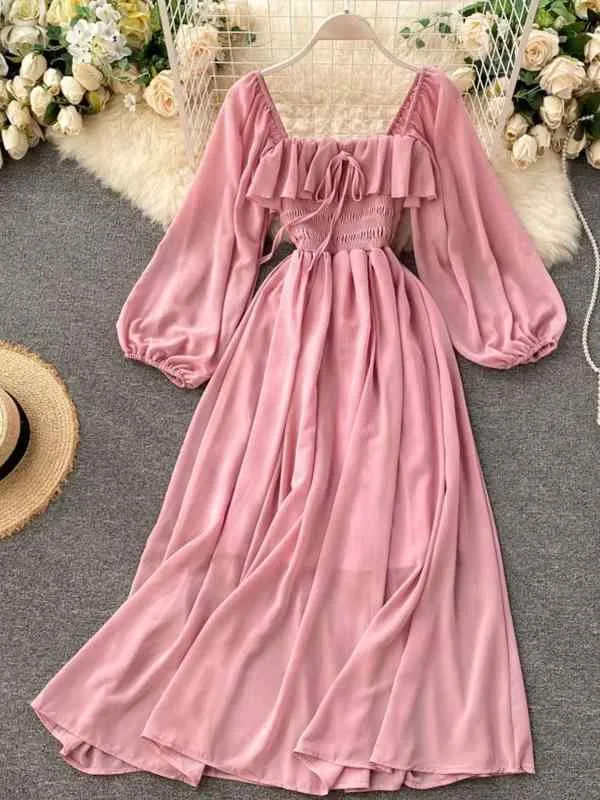 女性用 ワンピース 秋 レトロ フランス スクエアネック パフスリーブ シフォン ドレス 軽やか スタイリッシュ 柔らかい 素材 デイリー 普段使い