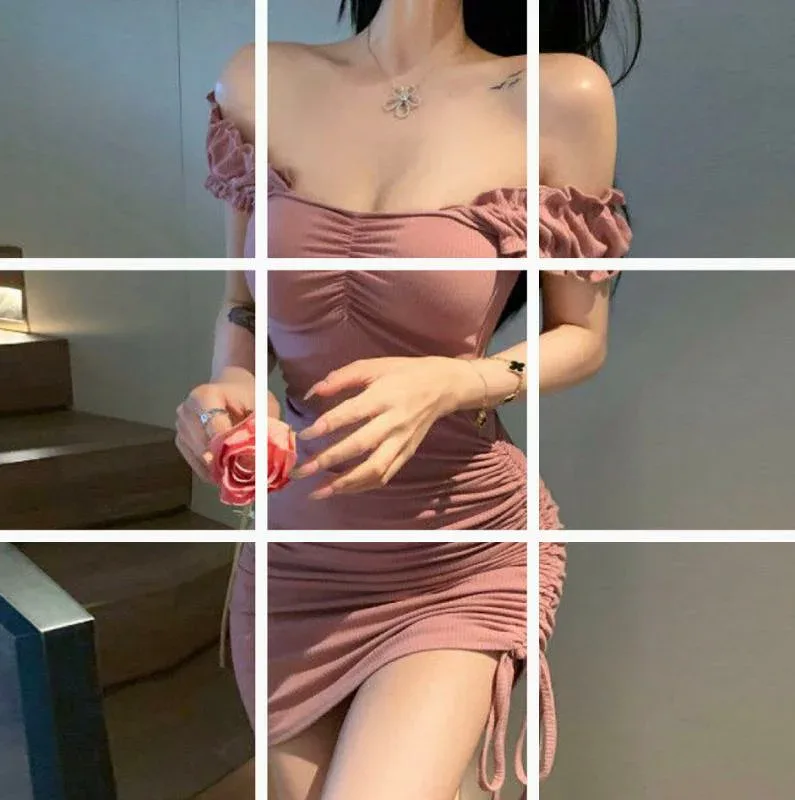 レディース 夏 パフスリーブ ワンピース ドローストリング スリムフィット ウエストマーク ヒップハグ ショート丈 スタイリッシュ フェミニン