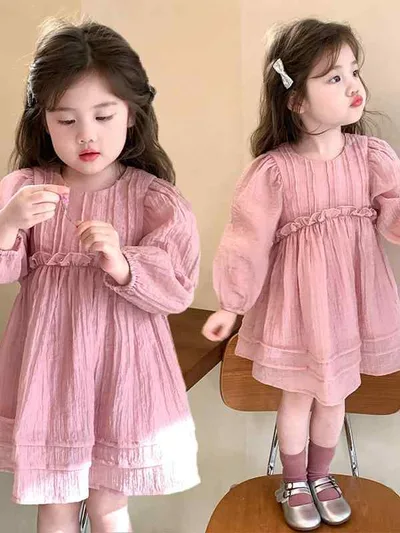 女の子 ワンピース 長袖 ピンク プリンセスドレス 薄手 チュール 春秋 かわいい ふんわり シルエット ベビー キッズ 普段使い