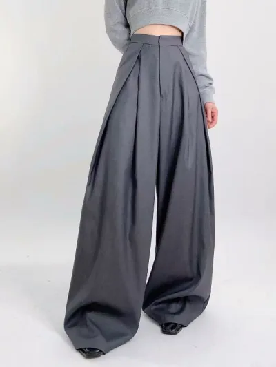 レディース ゆったり スーツパンツ フロア丈 ワイドレッグ ロングパンツ 春 欧米スタイル ドレープ感 フィット ストレッチ素材 軽量 通勤 カジュアル 普段使い ブラック グレー ベージュ